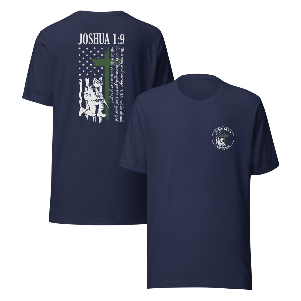 🪖 Joshua 1:9 – Be Strong & Courageous Patriotic Faith Shirt — Christian Fishing Apparel